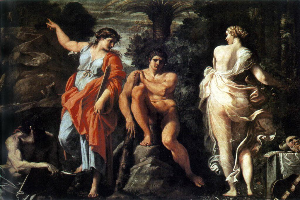 Tableau d'Hercule à la croisée des chemins entre la Vertu et le Vice, illustrant le choix stratégique entre WhatsApp et Instagram pour un Setter IA