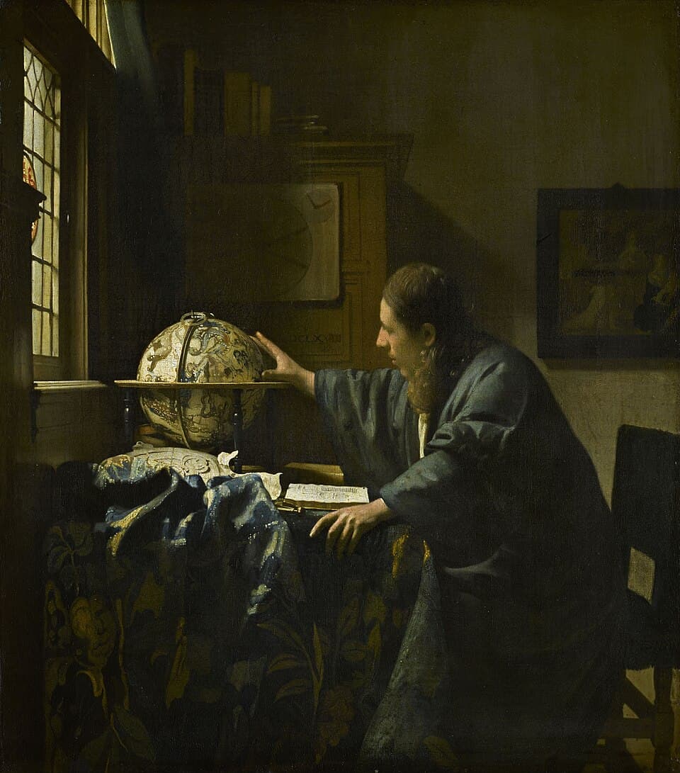 Tableau « L'Astronome » de Johannes Vermeer (1668), représentant un savant penché sur un globe céleste dans un cabinet baigné de lumière, la main posée sur l'instrument qu'il étudie.