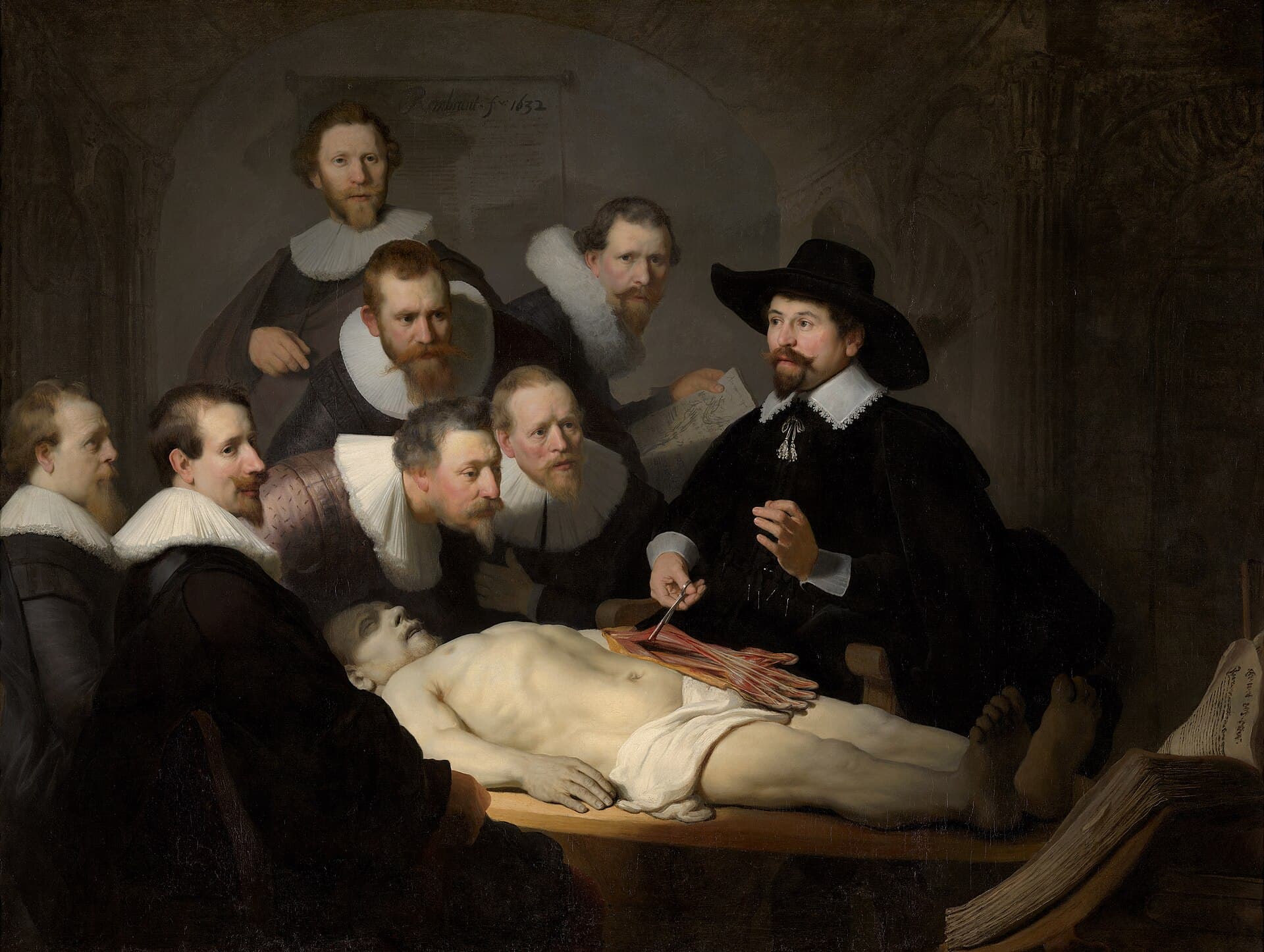 Tableau "La Leçon d'anatomie du docteur Tulp" de Rembrandt (1632), représentant un groupe de chirurgiens penchés sur un corps disséqué, observant avec attention les mécanismes internes.