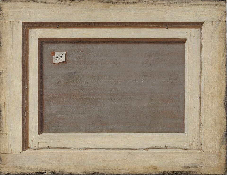 Tableau "Trompe-l’œil. Le revers d’un tableau" de Cornelis Norbertus Gijsbrechts (1670), représentant le dos d’une toile tendue sur son châssis de bois, avec une petite étiquette numérotée collée sur la trame.