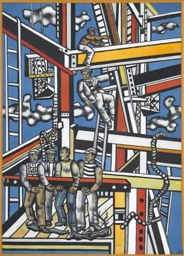 Les Constructeurs, peinture de Fernand Léger représentant des ouvriers du bâtiment travaillant sur une charpente métallique, 1950