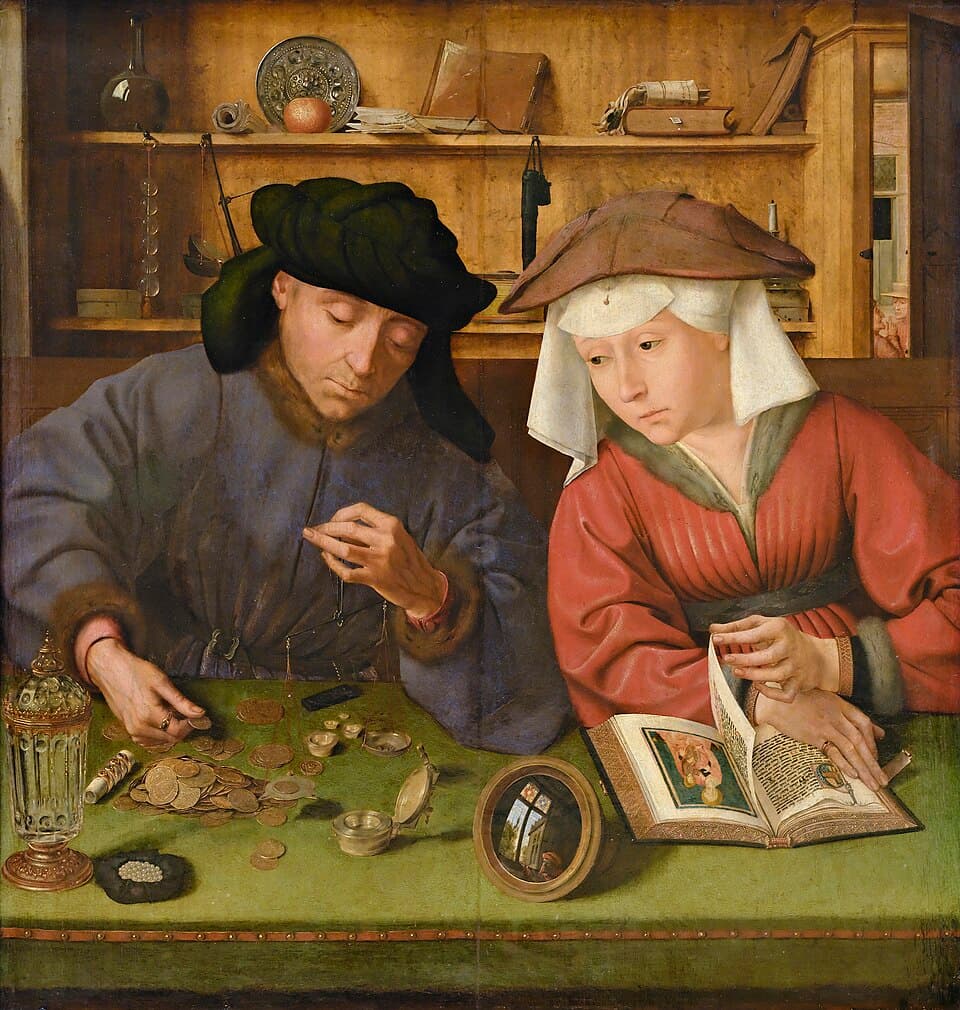 Le prêteur et sa femme, Quentin Metsys, 1514, couple pesant des pièces.