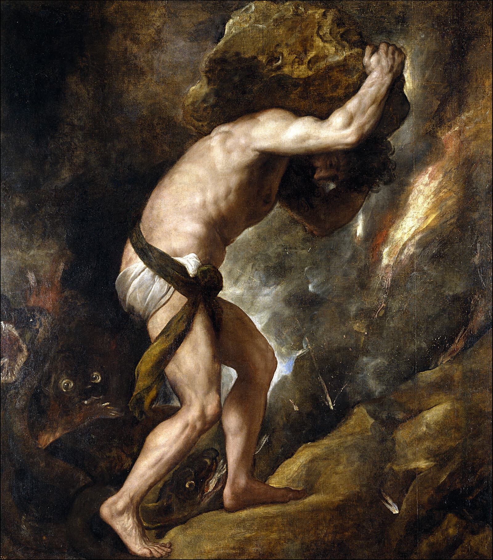 Tableau "Sisyphe" de Titien (1548-1549), représentant Sisyphe portant son rocher sur l'épaule en gravissant la pente, condamné à recommencer sans fin.