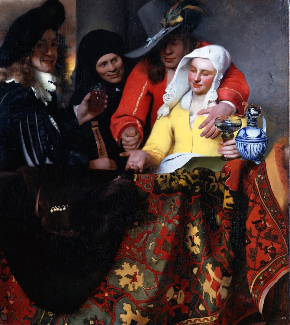 Tableau "L'Entremetteuse" de Johannes Vermeer (1656), représentant une scène de négociation et de mise en relation entre quatre personnages dans une auberge.