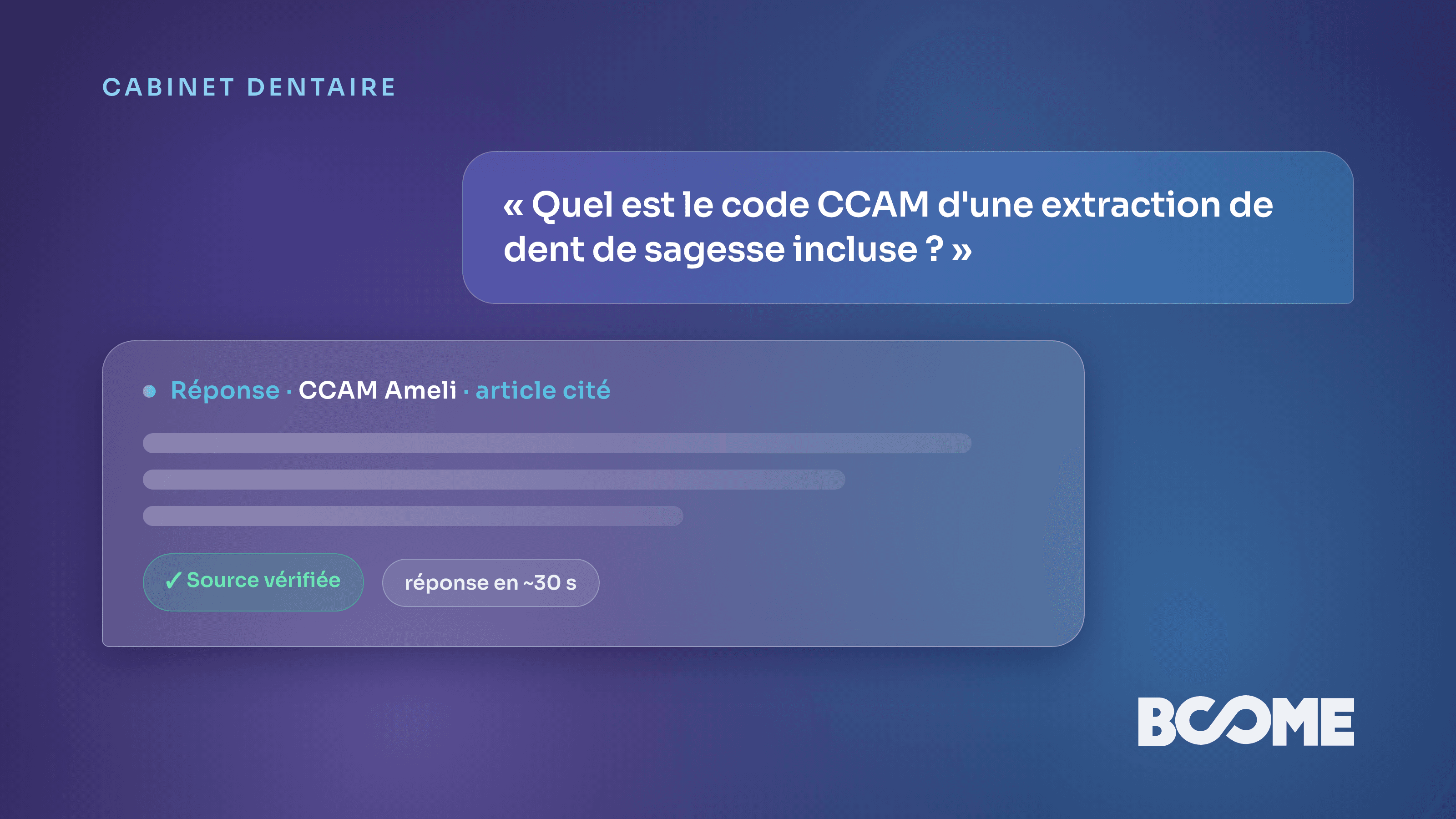Assistant IA de cotation CCAM pour cabinet dentaire, réponse sourcée en quelques secondes au fauteuil