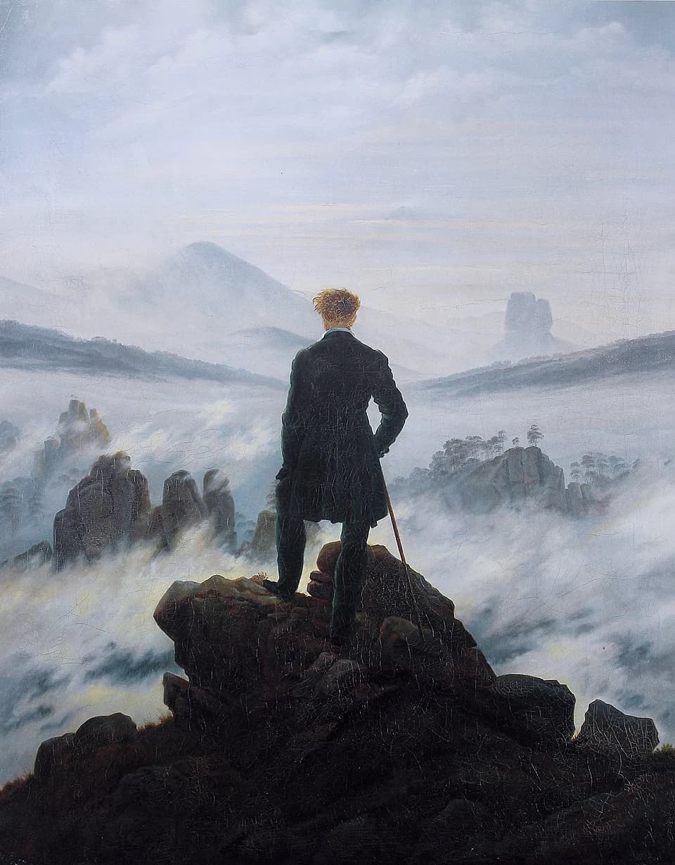 Peinture romantique d'un homme de dos debout sur un sommet rocheux, contemplant un paysage montagneux noyé dans une mer de nuages