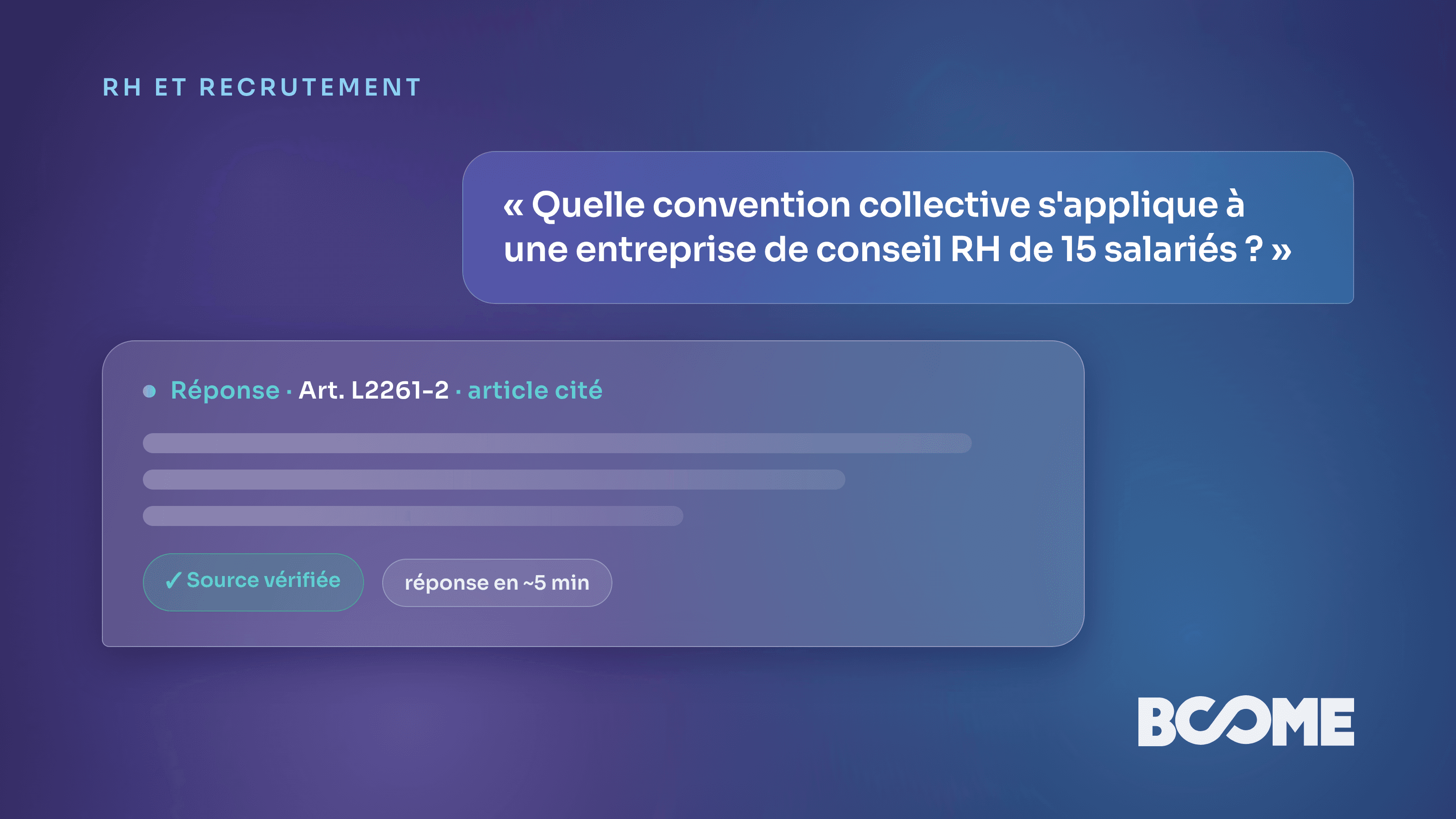 Assistant IA qui identifie la convention collective applicable pour un cabinet RH, réponse sourcée en quelques minutes