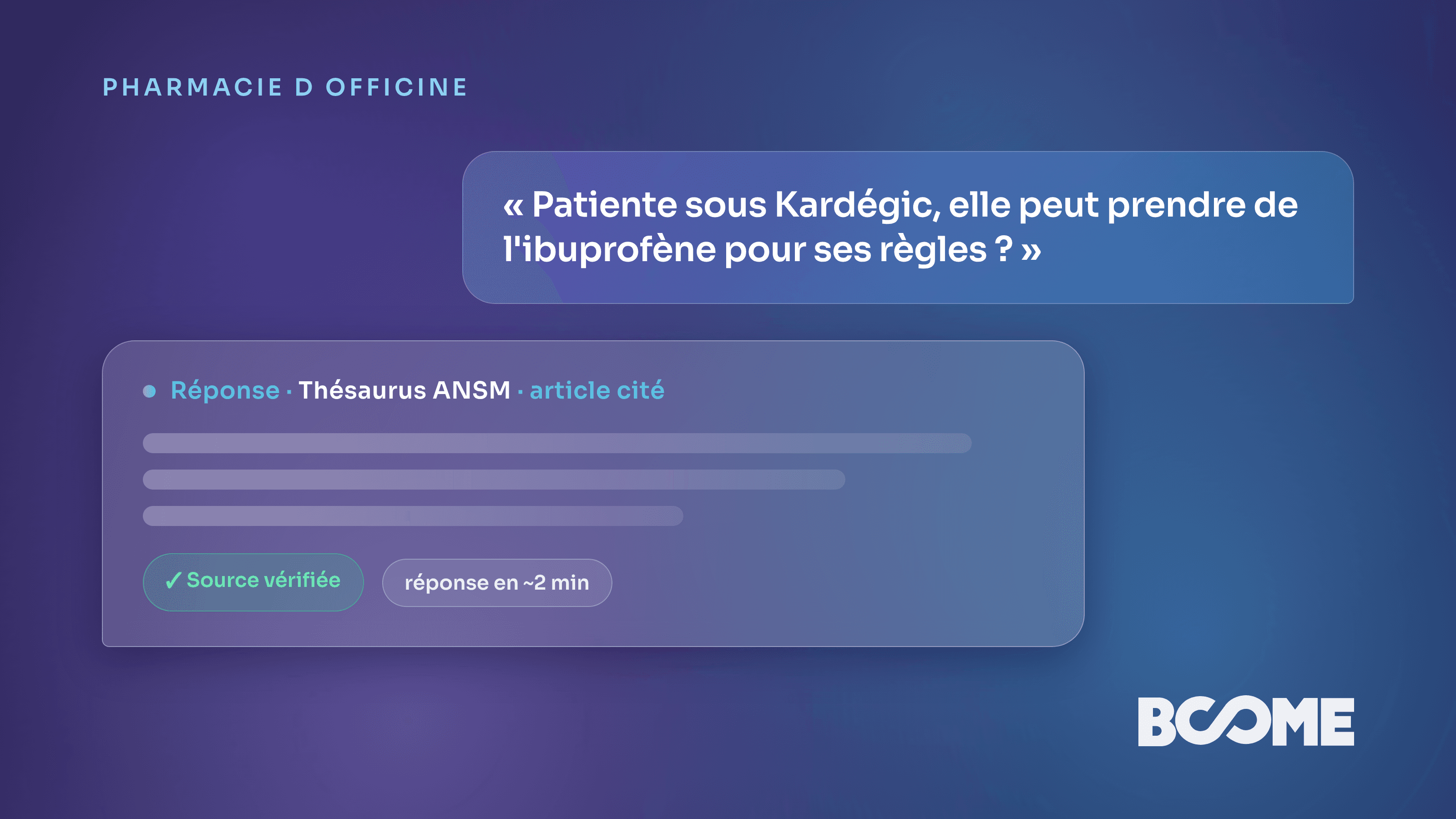 Pharmacien au comptoir consultant un assistant IA pour vérifier une interaction médicamenteuse, réponse sourcée en ~2 min
