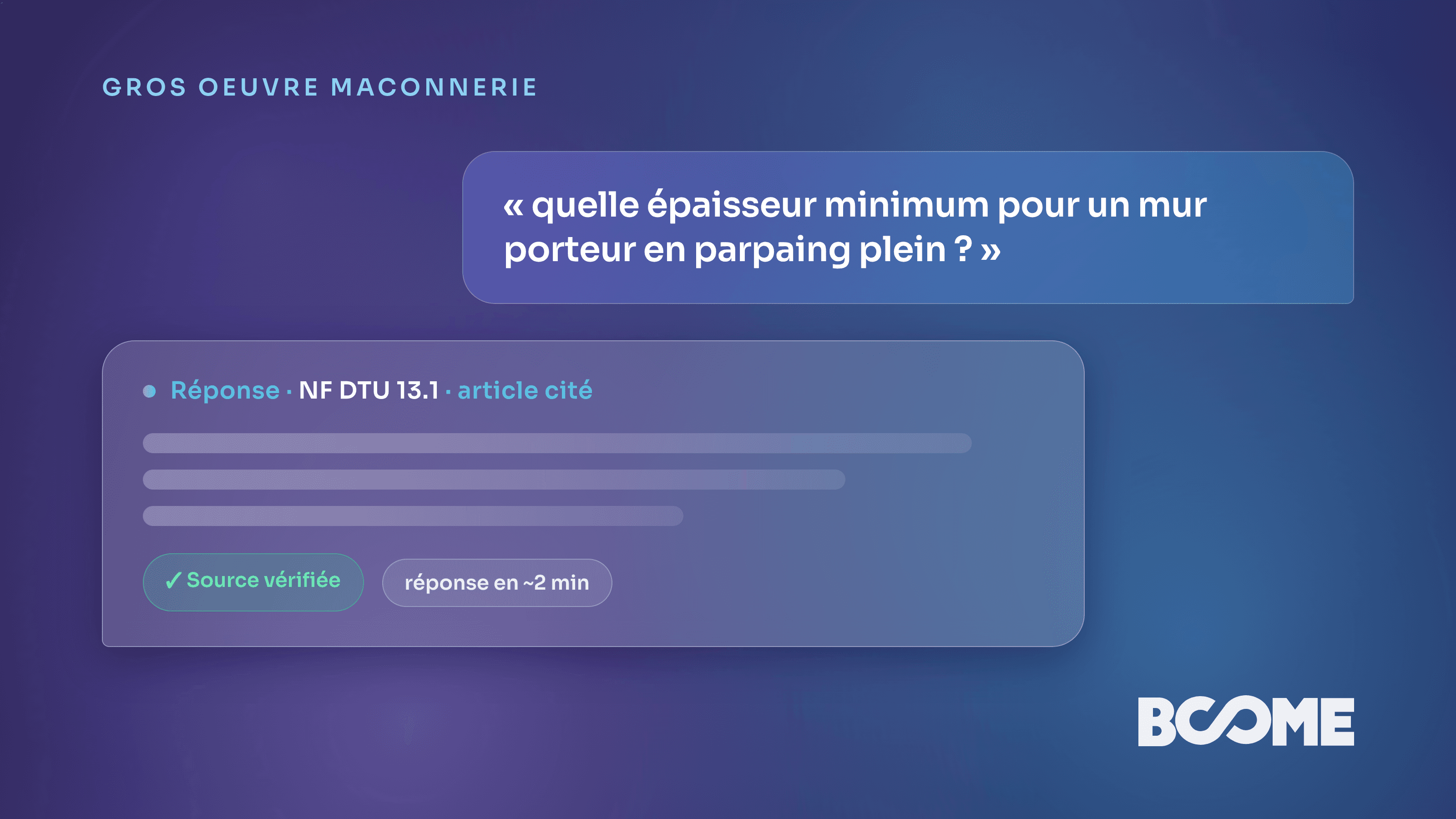 Assistant IA de vérification DTU maçonnerie et fondations pour maçon sur chantier, réponse sourcée en ~2 min